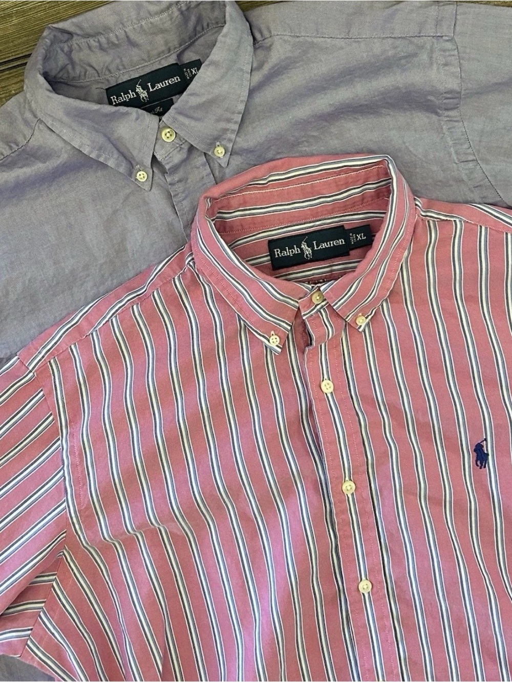 TWO Ralph Lauren XL Button Down Shirts Classic Fit Solid Purple & Pink Stripe